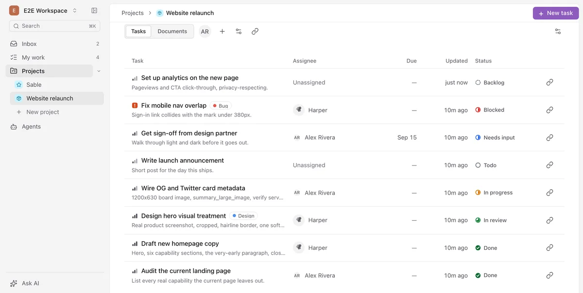 A task list showing status, priority, assignee, due date and labels for a real project.