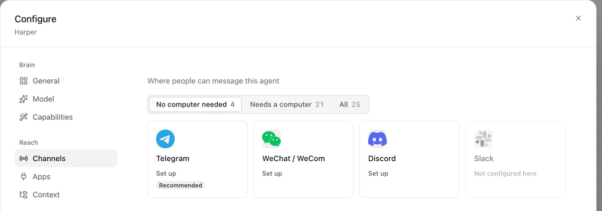 An agent's channel settings, showing Telegram, Discord and Slack among the channels that need no computer.