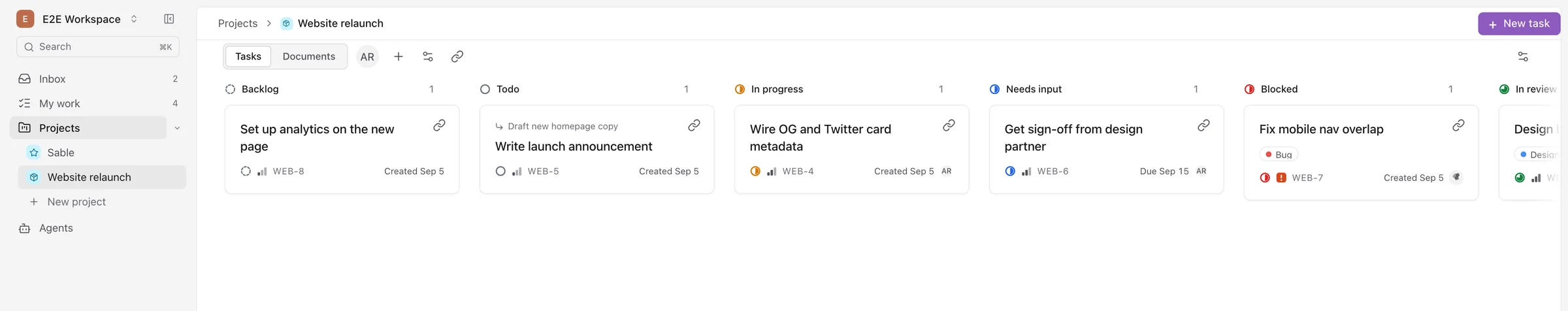 A project board in Empyralis with tasks spread across backlog, todo, in progress, needs input, blocked and in review.