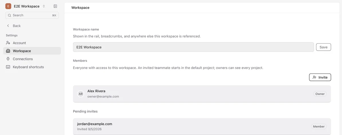 A workspace's Members panel, showing the owner and a pending invite. There is no seat limit.
